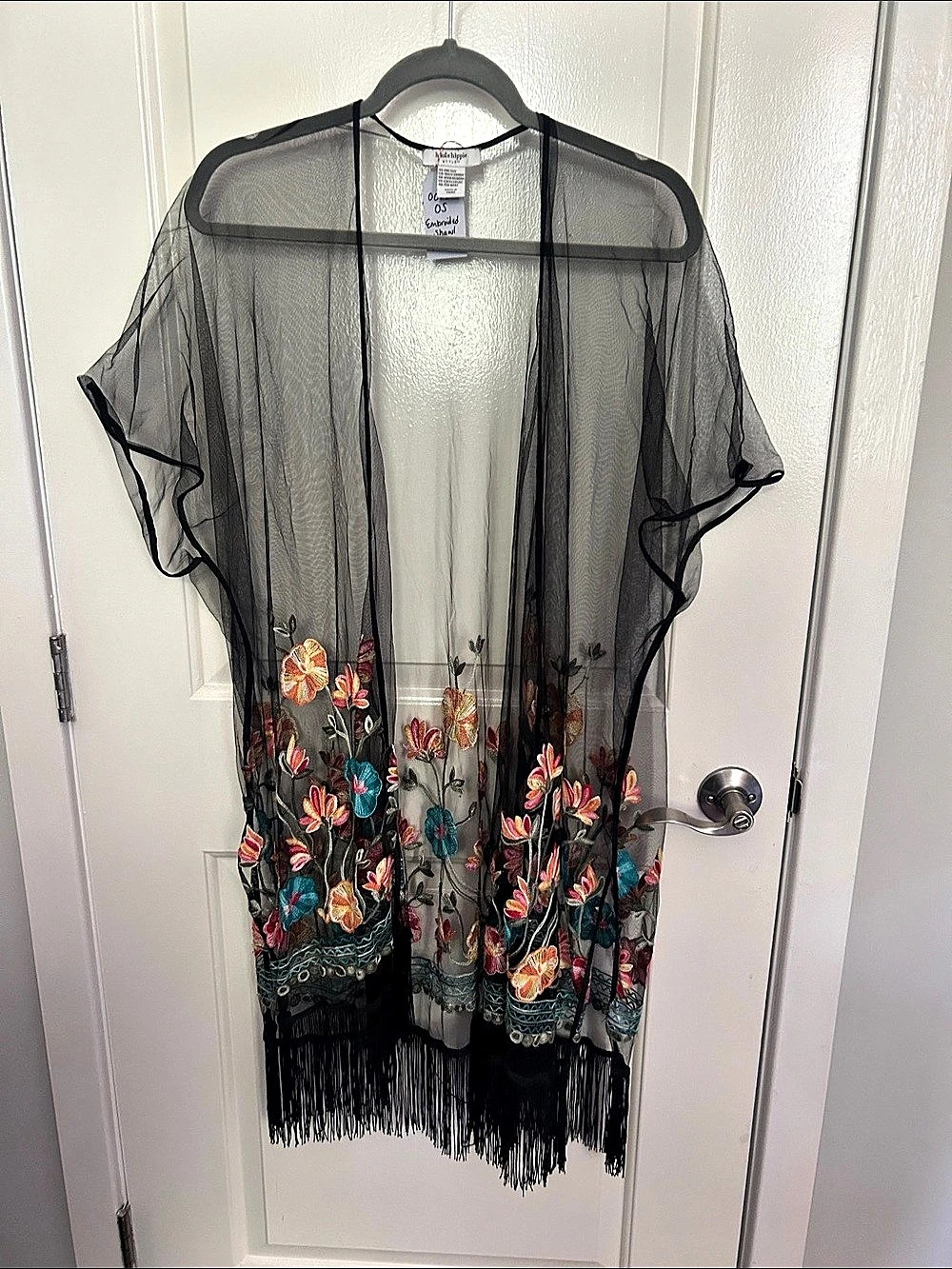 Black Floral Embroidered Fringe Kimono